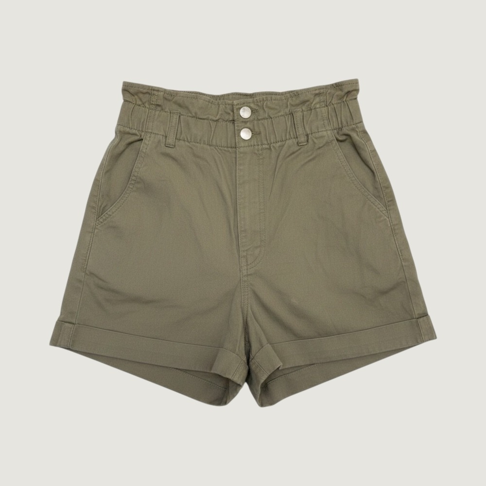 Women's High Rise Paperbag Waist Cotton Twill Olive Green Shorts Casual Summer 4
